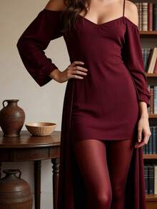 1 Pair Wine Red Plus Size High Gloss Tights, Ultra Sheer Shiny Body Shaping Pantyhose, Sexy Elegant For Women, Perfect For Party, Date Night, And Special Occasions - 酒紅色 - 查看 4