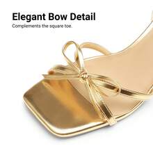 Women Stiletto Heeled Sandals With Bowknot Decor, Fashion Kitten Heels Square Open Toe Ankle Strap Heeled Sandals For Wedding Party Evening - Vàng - Xem 7
