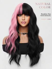 XOUJE Tóc giả dài 26 inch màu đen, gợn sóng, điểm xuyết màu hồng, làm từ sợi tổng hợp chịu nhiệt, có mái. Thiết kế nhẹ, mềm mại và bồng bềnh. Phù hợp cho nữ giới. Thời trang cho mặc hàng ngày, các buổi họp mặt ngày lễ, hẹn hò, tiệc tùng sang trọng, Halloween, Giáng sinh, Cosplay, phong cách Lolita. - Màu hồng nổi bật - Xem 9