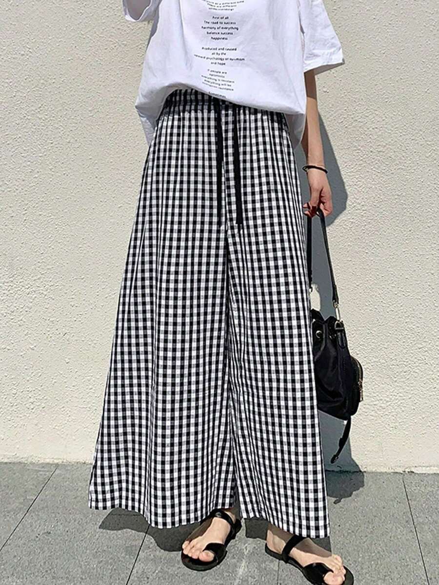 2025新款黑白格子高腰宽松抽绳阔腿裤，女款，春夏款 - 黑與白 - 查看 1