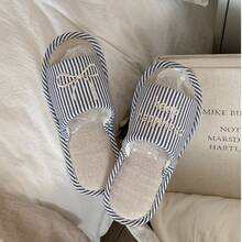 XIXITIAO 1 Pair Sweet Vertical Stripe Letter & Bow Pattern Comfortable Soft Bottom Flat Slippers, Suitable For Home, Bedroom, Indoor Wear, All Season - Grey - View 5