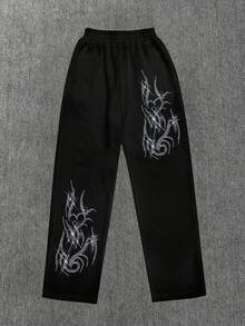 Women's Black Straight Leg Pants, Y2K Grunge Style, Rhinestone Flame Graphic, High Shine, For Streetwear & Party Outfits - Black - View 2