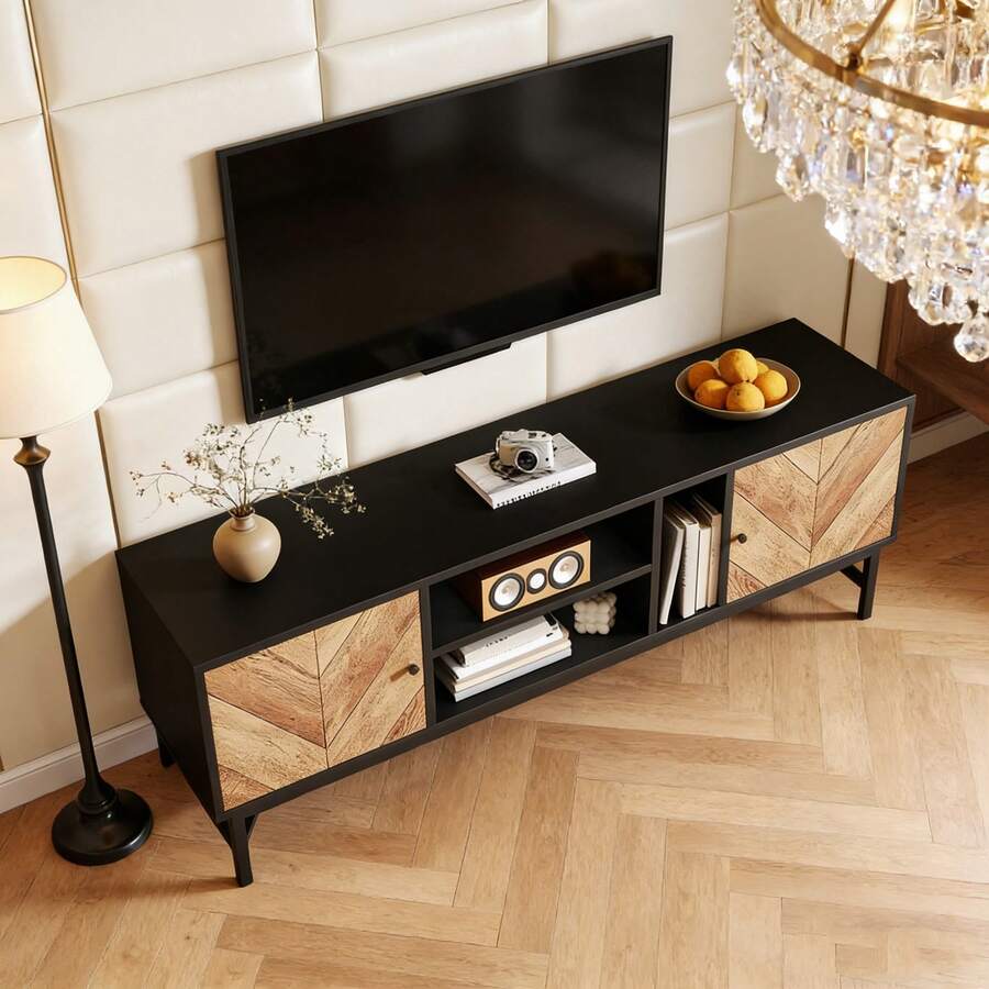 Television Stands & Entertainment Centers - Black+Natural + Iron + Particle Board + 39 Inches Or Less + 39 Inches Or Less - View 1