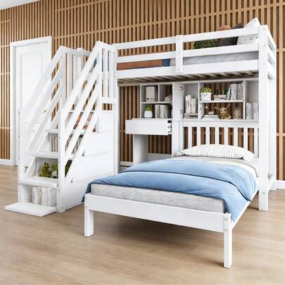 Multifunctional Children's Loft Bed With Desk And Shelves - White Loft Bed With Storage And Bed Base, 90x190 Cm-Mattress Not Included