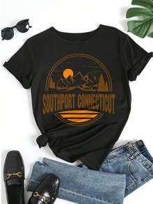 T-shirt casual da donna con grafica di Southport, Connecticut, stampa vintage del paesaggio, manica corta, girocollo - nero - Visualizzare 5