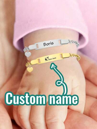 1pc Customized Baby Name Bracelet, Personalized Cute Bow DIY Birthday Gift, Customizable Baby Jewelry, Stainless Steel Hypoallergenic Bracelet, Children's Fun New Year Gift, Boys/Girls Valentine's Day Gift, Gold/Silver