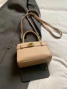 Modern Chic Gold Hardware Decor Women's Handbag; Fashionable Minimalist Square Handbag With Shoulder Strap Decor; New Solid Color Urban Commute Adjustable Shoulder Strap Crossbody Bag, Suitable For Shopping - Apricot - View 8