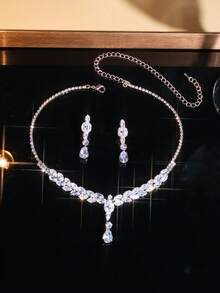 5pcs Luxury Rhinestone Jewelry Set, Including Necklace, Earrings, Bracelet And Ring, Designed For Women's Daily Commute, Wedding, Party And Holiday Gifts - Silver - View 9