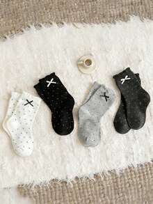 4双装女童韩版蝴蝶结装饰中筒袜，透气芭蕾舞风格日常袜，适合夏季和秋冬季穿着 - 彩色 - 查看 2