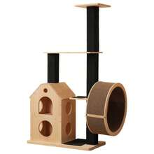 Solid Wood Cat Tree With Exercise Wheel – 80*40*152 Cm. Scratching Post With 4 Platforms, 2 Cat Houses, Sisal Posts & Washable Scratching Mats, Cat Roll, Cat Exercise Wheel, Cat Tree, Cat Climbing Frame - Natural Color - View 1