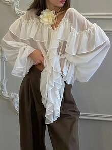 女士休闲性感薄纱雪纺衬衫，V领开衫长袖荷叶边雪纺宽松上衣，纯色雪纺前开襟纽扣薄纱荷叶边性感沙滩度假休闲办公夏季白色春季 - 白色 - 查看 4