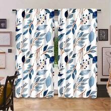 2pcs Watercolor Blue Leaves & Brown-Red Vines Decorative Curtains - Rod Pocket Design, Privacy Protection, Easy Installation - Suitable For Home Windows, Rod Pocket Style - Multicolor - View 6