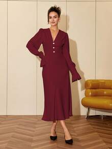 女士纯色V领长袖鱼尾连衣裙，优雅晚宴约会度假装，酒红色，春季款 - 酒紅色 - 查看 3