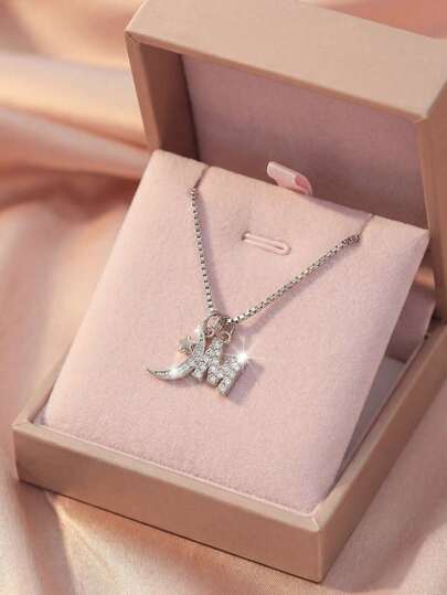 1pc Exquisite Fashionable Mini Pave Zirconia A-Z Initial Letter & Moon Multiple Pendants Sliver Stainless Steel Necklace Clavicle Chain Ideal Gift For Girls, Girlfriend, Mom, Family, Friend, Anniversary, Valentine's Day, Birthday Gift