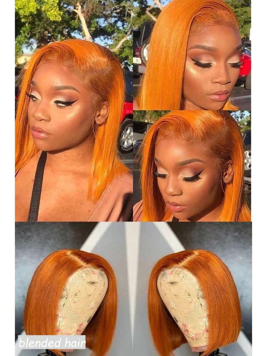 10英寸姜橙色13x4透明蕾丝前直发假发，巴西人发混纺，180%密度，全蕾丝前额假发，女士款，预先拔毛，预先剪裁，13x4无胶人发混纺假发，闭合式假发，8-36英寸 - S350 - 查看 1