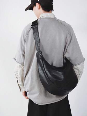 1pc Extra Large Black PU Material Men's Tote Bag, Shoulder Bag, Messenger Bag, Handbag, Adjustable Strap, High Capacity Storage, Suitable For Shopping, Commuting, School, Gift For Boyfriend/Student
