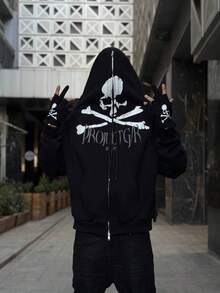 Men's Skull Gothic Harajuku Dark Street  Printed Hooded Cardigan Sweatshirt Autumn And Winter New Y2k Clothing - 黑色 - 查看 3
