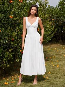 PARTHEA Elegant Women's Long A-Line Dress With V-Neck And Ruched Backless Smocking Bust Shirred Flared Hem Non-Stretch Fabric For Casual Style - White - View 1