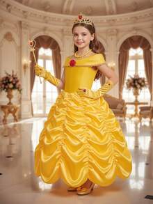 8件套黄色无袖褶皱女童红色玫瑰连衣裙及配饰，儿童圣诞节派对万圣节服装套装 - 黃色 - 查看 1