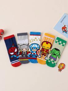 Marvel 5双装儿童袜子，蜘蛛侠和复仇者联盟主题中筒袜，卡通风格，适合女孩，秋冬季 - 彩色 - 查看 10