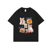 Camiseta de algodón puro de otoño con estampado gráfico de cachorro y gatito kawaii para hombres y mujeres, moda de calle de manga corta - Negro - Ver 1