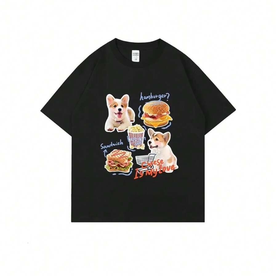Camiseta de algodón puro de otoño con estampado gráfico de cachorro y gatito kawaii para hombres y mujeres, moda de calle de manga corta - Negro - Ver 1