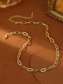 1件Y2K美学极简金色椭圆形链条项链 - 粗链日常佩戴饰品 | 办公室/日常叠戴必备配饰 - 金色 - 查看 8