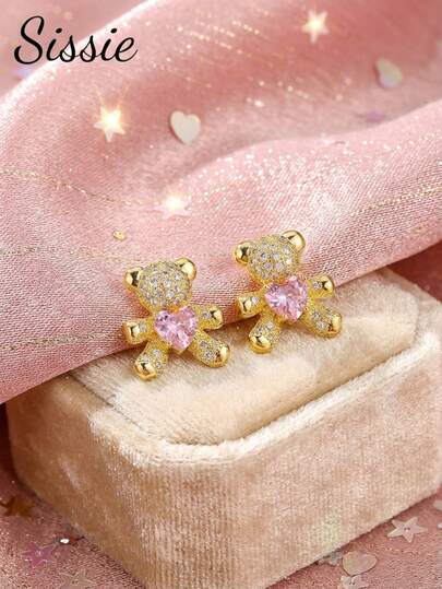 1 Pair Cute Elegant Sparkling Cubic Zirconia Pink Heart Diamond Teddy Bear Stud Earrings, Suitable For Girls To Attend Parties, Banquets, Festivals, Street Dates, Daily Life, Also An Ideal Choice For Children's Birthday Gifts And Back-To-School Gifts