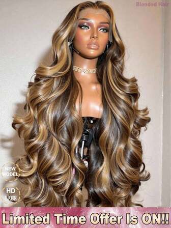 34英寸200%密度水波纹5*5 13*4蕾丝前假发，带婴儿发 - 高光P4/27渐变蜂蜜金棕色，巴西原生预拔毛水波纹高清透明蕾丝前假发 - 无胶水波纹预拉直预熨中分假发 - 即戴即走，人发混纺假发 - 自然外观，适合女性日常使用
