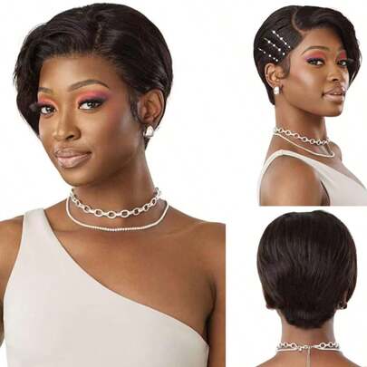 Eulisi 13*4 Lace Front Short Elf Wig, Made Of Real Human Hair With 180% Density, Natural & Realistic Appearance. Available In Colors: Natural Black, 1B#, Wine Red 99J#, Brown 4#, Orange 350#, Ginger. Suitable For Daily Wear Or Party. 6 Inch Short Bob Wig.