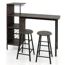 GOFLAME 3PCS Bar Table & 2 Stool Industrial Kitchen Dining Set W/ Wine Rack Glass Holder - Brown - View 4