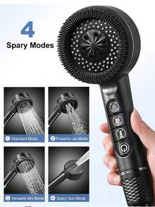 三件套钢琴造型淋浴喷头套装，包含手持式过滤器、硅胶按摩刷、高压过滤器、4种可调节喷淋模式、开关、可拆卸软管和ABS支架 - 黑色 - 查看 5
