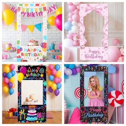 1pc Colorful Birthday Theme Photo Backdrop Frame, Vibrant Colors With "Happy Birthday" Text, Balloon And Cake Patterns - Ideal For Princess Theme Party Decor, Fun Birthday Party Photo Prop, Birthday Party Decoration Photo Booth Prop