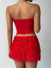 Bộ đồ nữ màu đỏ phối lưới hoa, không tay, hở lưng gồm áo và chân váy ngắn thêu 3D hoa màu đỏ, thanh lịch và thời trang, thích hợp cho ngày Valentine, năm mới, hẹn hò buổi tối hoặc dự tiệc. - Đỏ - Xem 2