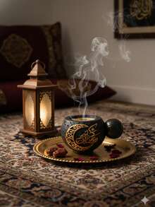 1 Buah/Set Pembakar Dupa Bertekstur Retro dengan Elemen Islami. Terbuat dari keramik buram dan dihiasi manik-manik kayu imitasi, pembakar bakhoor ini memiliki gaya vintage dan elegan dengan bentuk bulat dan berisi. Detailnya meliputi pola bulan sabit berongga emas dan desain kaligrafi Arab. - MultiWarna - View 3
