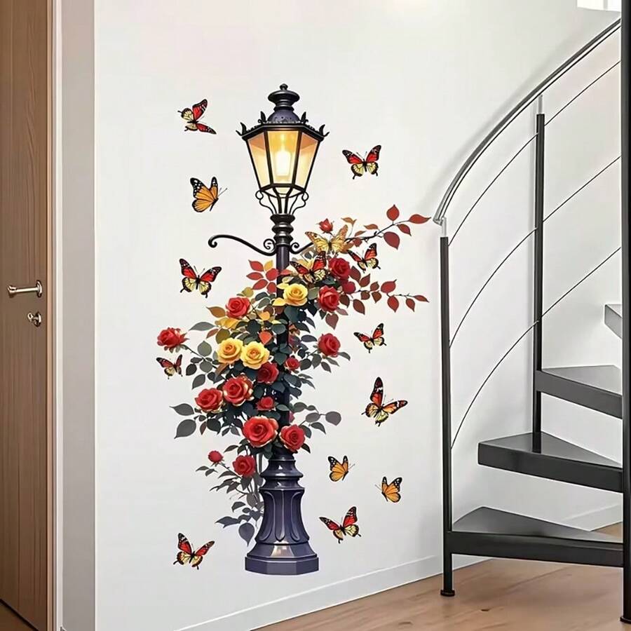 1件复古街灯、花卉和蝴蝶墙贴，自粘3D装饰画，适用于客厅、玄关 - 彩色 - 查看 1