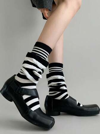 1/4 Pairs 2 In 1 Design Striped Layered Mid-Calf Socks, Suitable For All Seasons