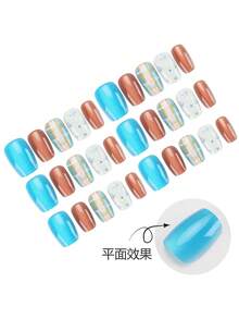 30片美甲贴纸，带按压胶，短方形/撞色格子图案，附赠果冻胶和摩擦条，适用于凝胶粘合，可重复使用，适合日常美甲用品。 - 彩色 - 查看 3