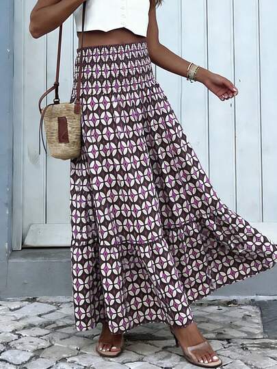 New Bohemian High Waist Elastic Waist Multilayer Flared Skirt: Purple Brown Geometric Contrast Print, Suitable For Daily Wear, Beach Vacation, Sunbathing Summer