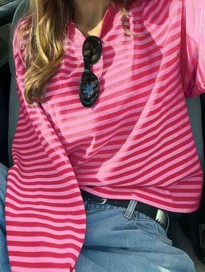 Women's Casual Top, Striped Contrast Ribbed Knit, Everyday Wear, Spring/Autumn