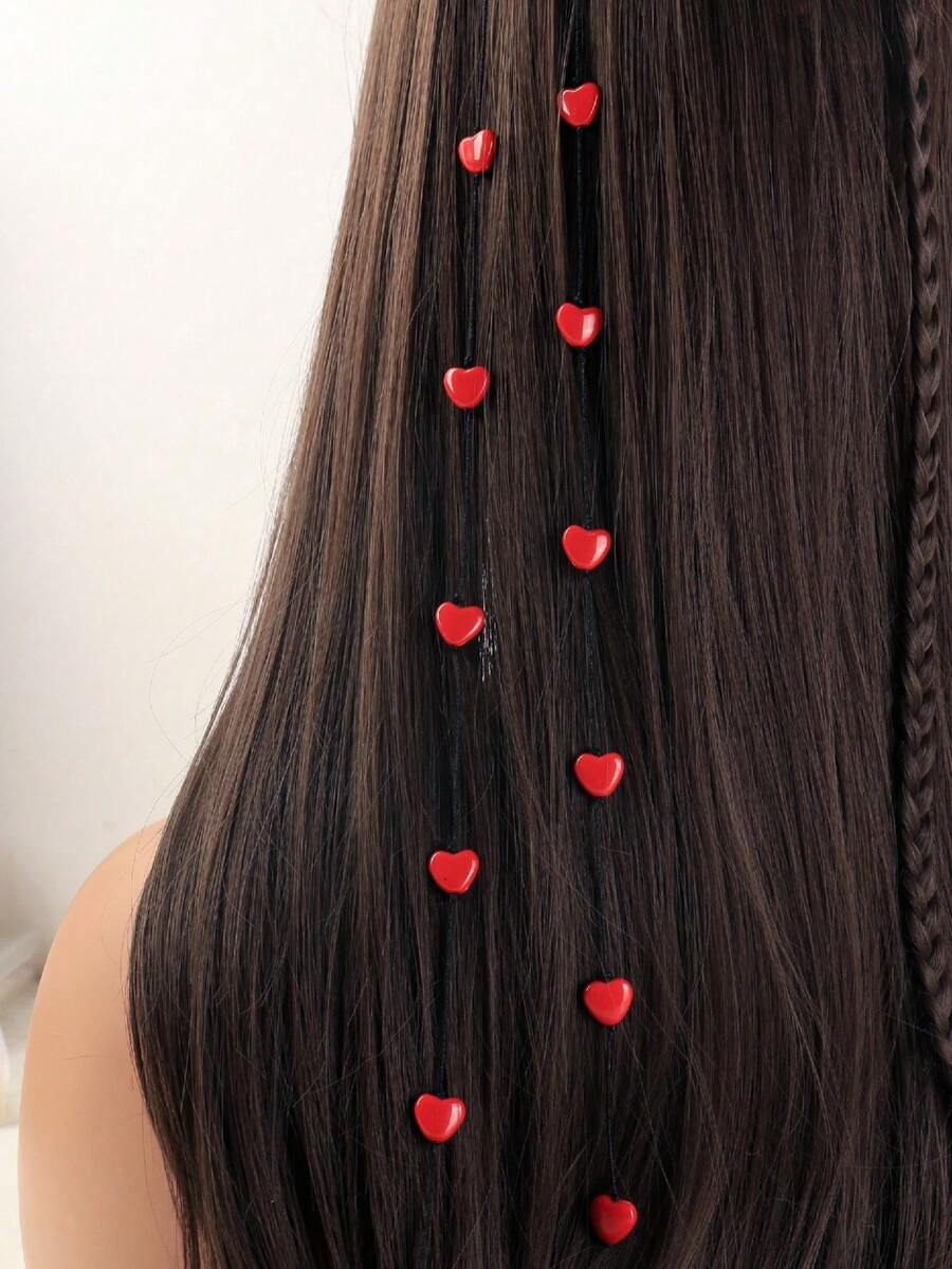 2件套情人节红色爱心流苏配饰套装，波西米亚风可爱嘻哈发夹、发箍、发圈、编织发圈、头饰、派对礼物