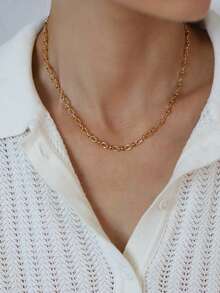 1pc Women's Fashion Embossed Design Necklace, Minimalist Stainless Steel Chain, Versatile Accessory - Yellow Gold - View 2