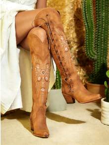 Cowgirl Boots For Women Knee High Boots Embroider Chunky Heel Pointed Toe Western Cowboy Boots With Side Zipper Comfy Outfit For Women Outdoor Indoor Shoes - 亮橙色 - 查看 1