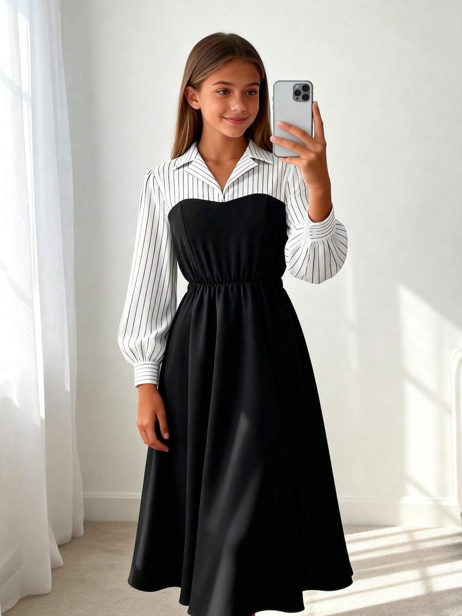 Đầm xòe eo cổ bẻ kẻ sọc trắng đen cho bé gái mùa xuân và thu, kiểu dáng ngọt ngào và thời trang. - màu đen - Xem 1