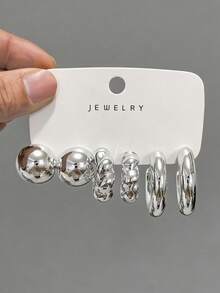 6-18 件时尚优雅简约 ABS 银色 CCB 轻质耳环首饰套装，C 形和泪珠设计，一套满足所有女性日常穿搭需求 - 款式3 - 查看 4