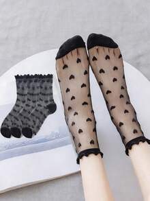 3 Pairs Women's Mid-Calf Socks, Versatile Spring/Summer Thin Mesh Stockings, Ultra-Thin Reinforced Toe Seamless Long Invisible Socks, Breathable - Black - View 1