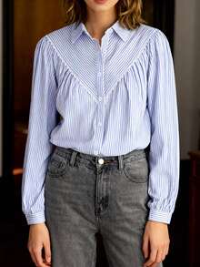 ii Women's Casual Stylish Striped Long Sleeve Shirt Spring - Blue - View 7