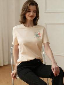 Women's Summer New Simple Slogan Print Casual Vacation Loose Fit Round Neck Short Sleeve T-Shirt, Fashionable Everyday Top, Suitable For Daily And Vacation Wear. Women's T-Shirt Top. - Apricot - View 3