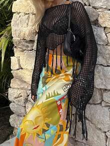 Live To Mo Women Summer Sexy Hollow-Out Sheer Crop Top, Black Knit Top Crochet Cover-Up, Perfect For Beach Vacation & Poolside Outfits - Black - View 3