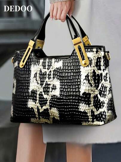 Dedoo 新款鳄鱼纹大号手提包方形包女士托特包，配有配件，吸睛的女士工作包，欧美经典成熟优雅手提包，鳄鱼纹和石纹图案女士单肩腋下包，办公包
